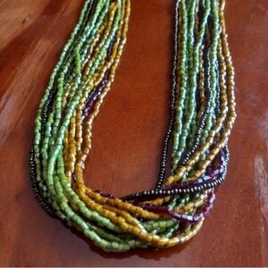 Multi-Strand Green Gold Brown Layered Seed Bead Statement Necklace